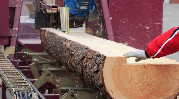 log being carved into usable wood boards